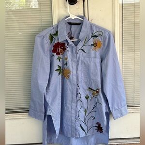 ZARA women- high low french tuck floral sewn blouse size small